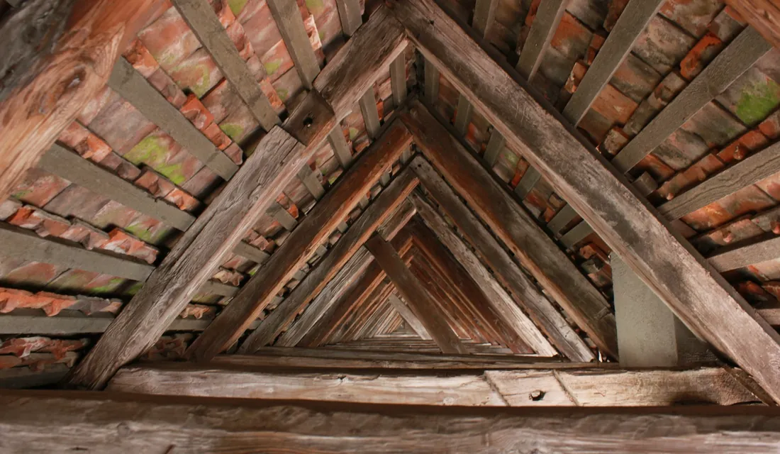 Charpente ancienne en bois vue depuis les combles