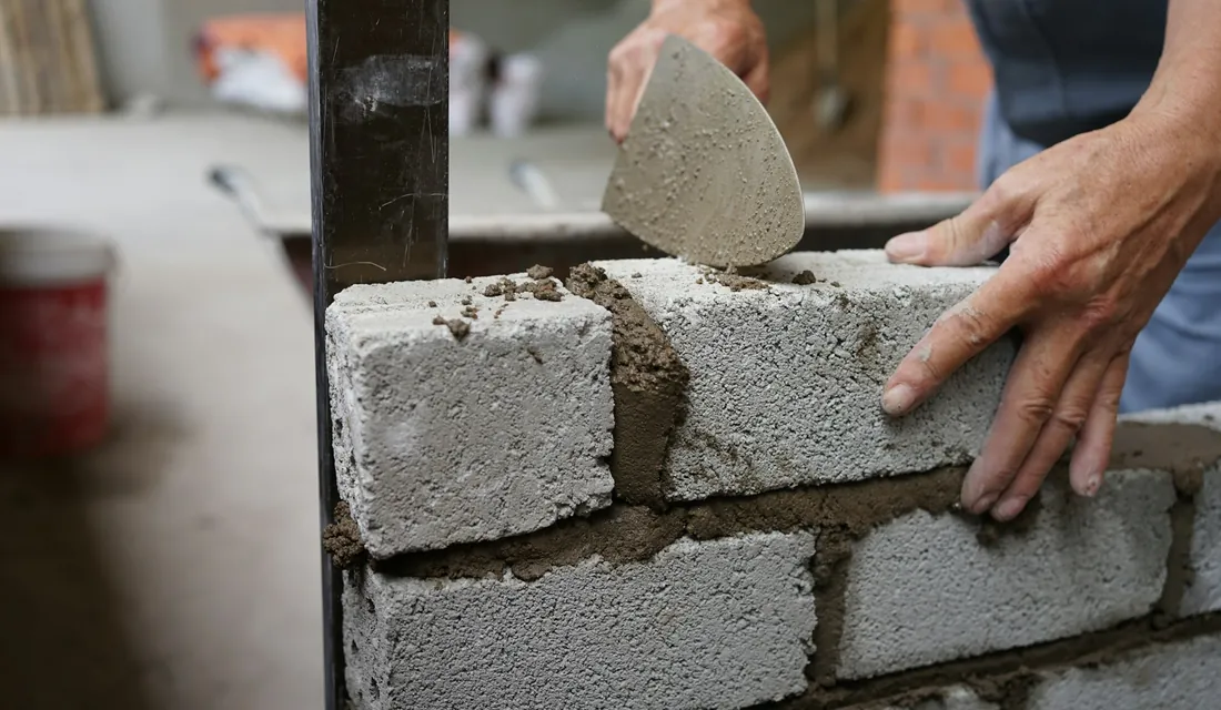 Maçon montant un mur à la truelle